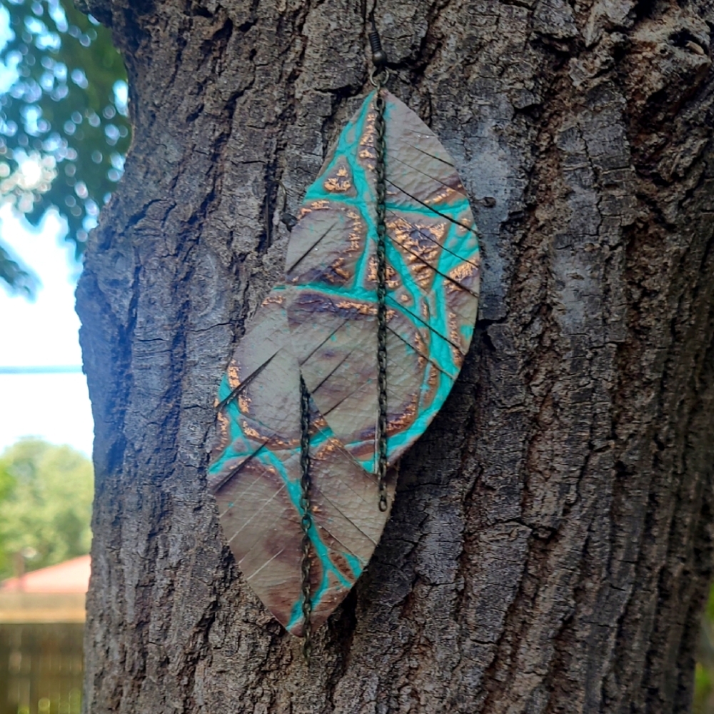 Leather Feather Earrings with Turquoise and Bronze Accents